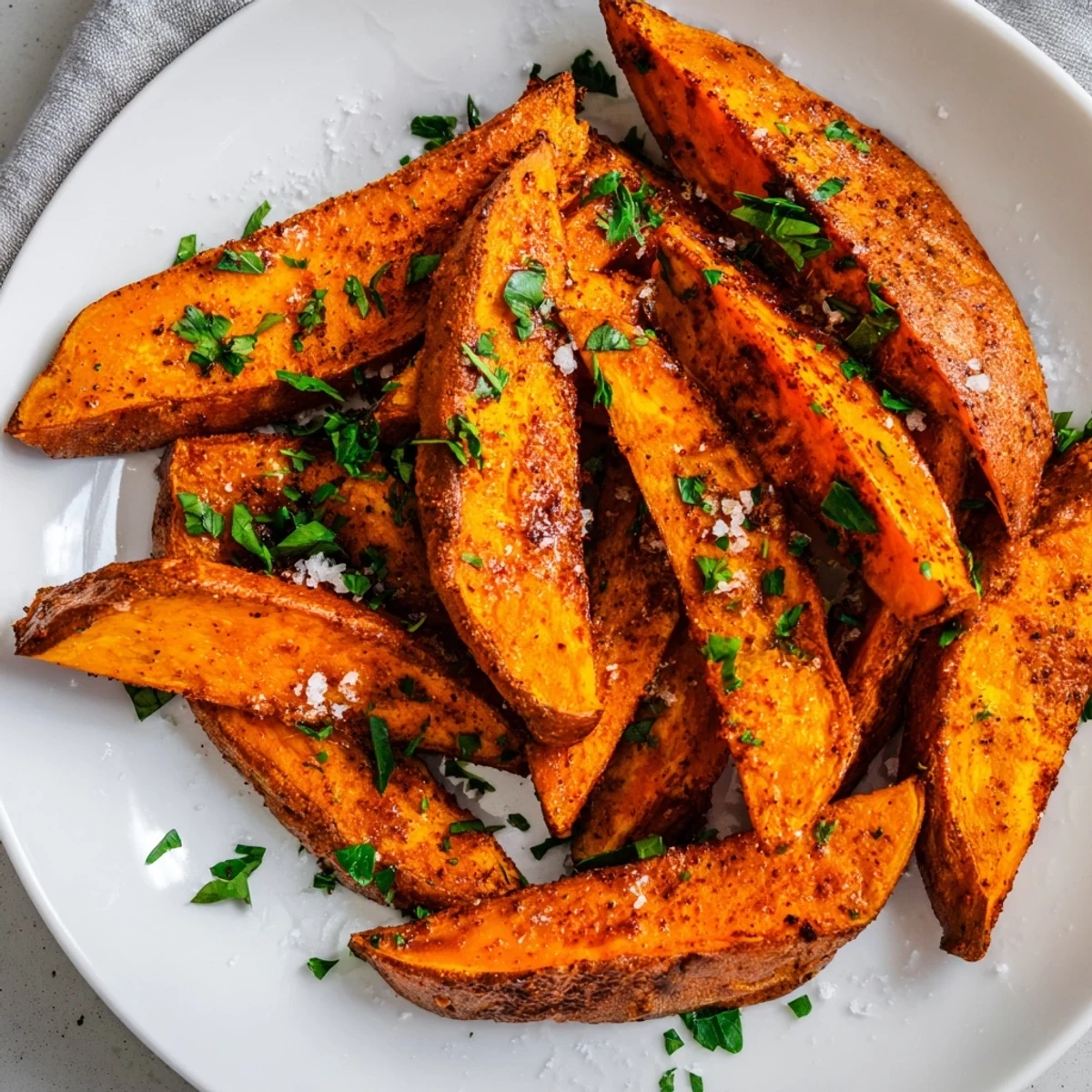 Vibrant orange Roasted Sweet Potato Wedges with Smoked Paprika seasoned with garlic and sea salt on a baking sheet.