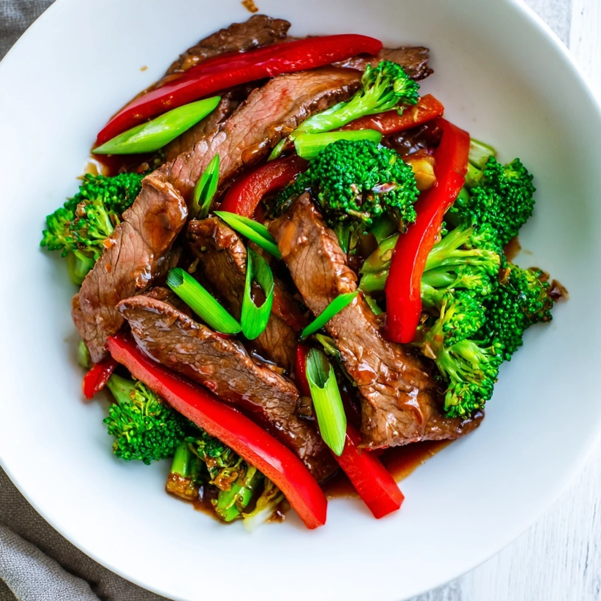 Golden-brown beef slices and crisp broccoli florets coated in a glossy, spicy chili garlic sauce, topped with fresh green onions, served alongside fluffy steamed rice.