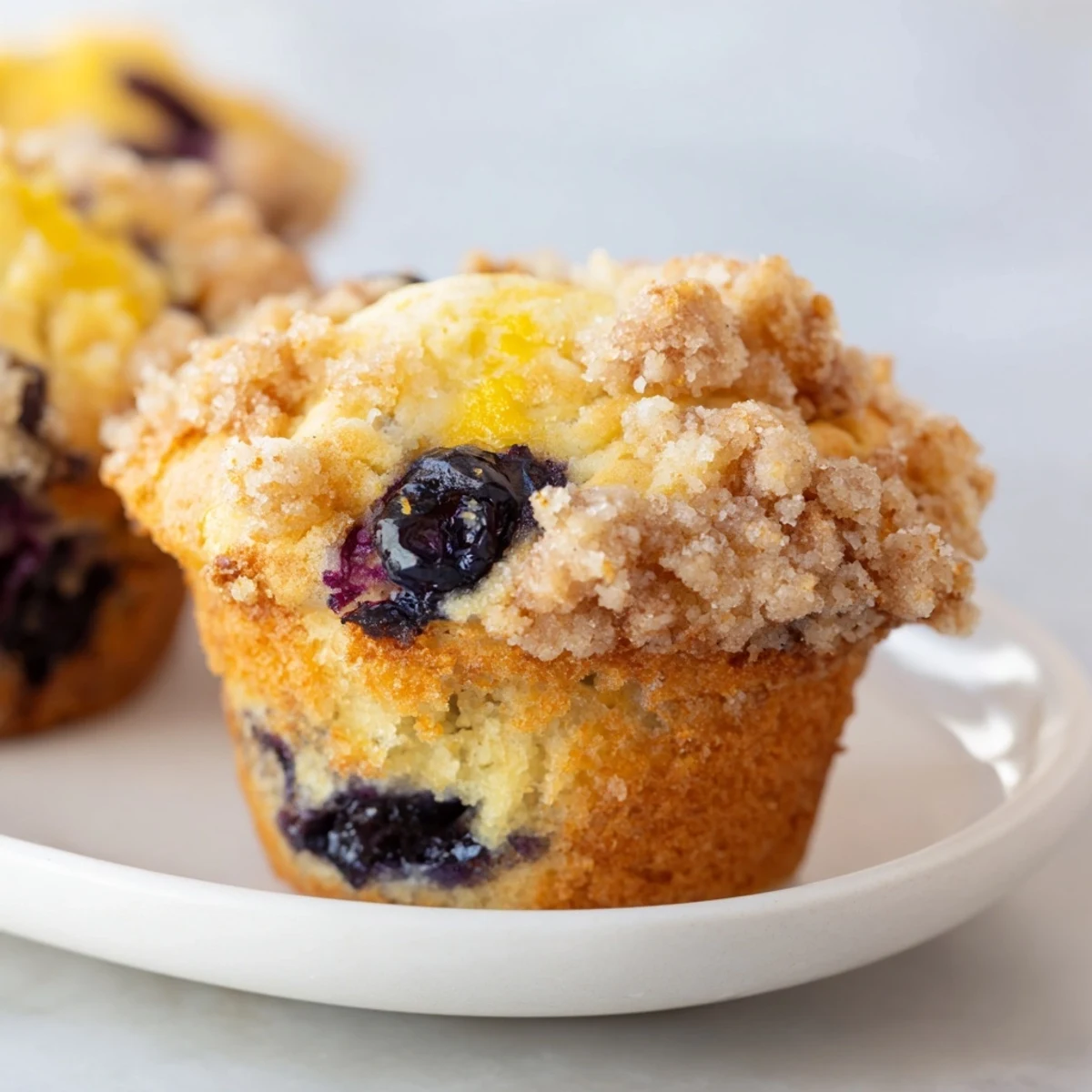 Freshly baked Lemon Blueberry Muffins with Streusel Topping cooling on a wire rack, revealing fluffy centers and golden crumbly tops.