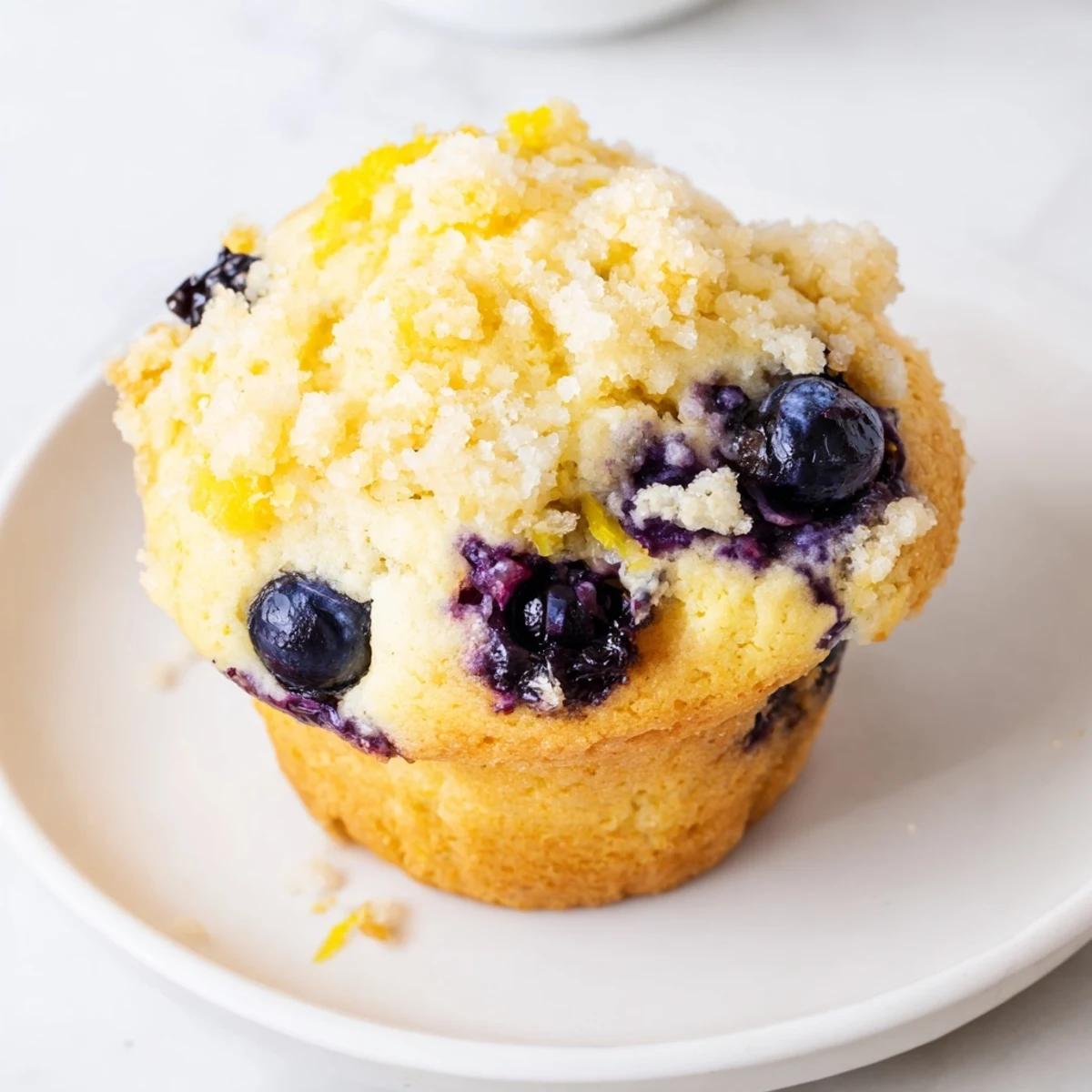 A basket of warm Lemon Blueberry Muffins with Streusel Topping, showcasing juicy berries and a bright, zesty lemon glaze.