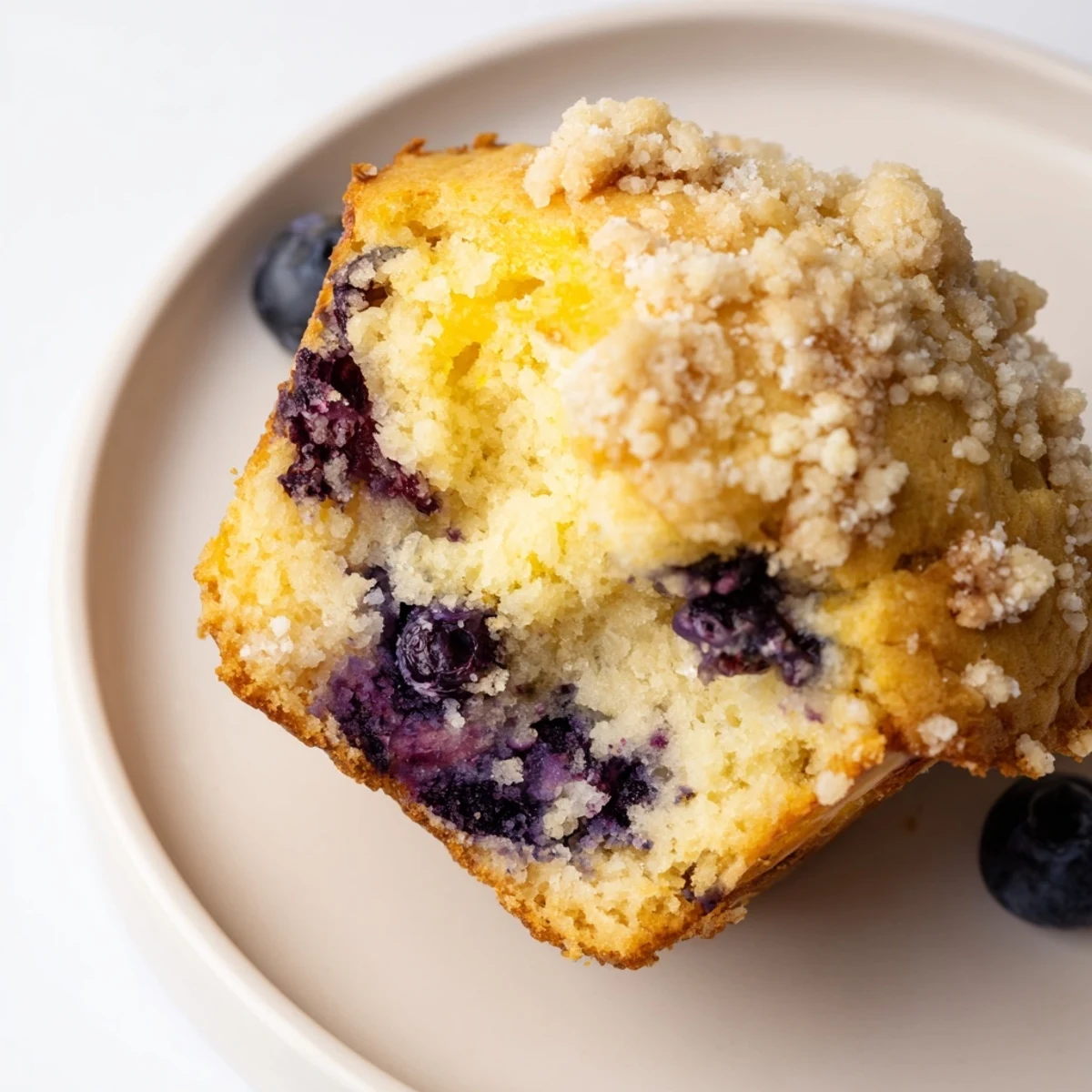 Close-up of a Lemon Blueberry Muffin with Streusel Topping split open to display moist crumbs and generous blueberry filling.