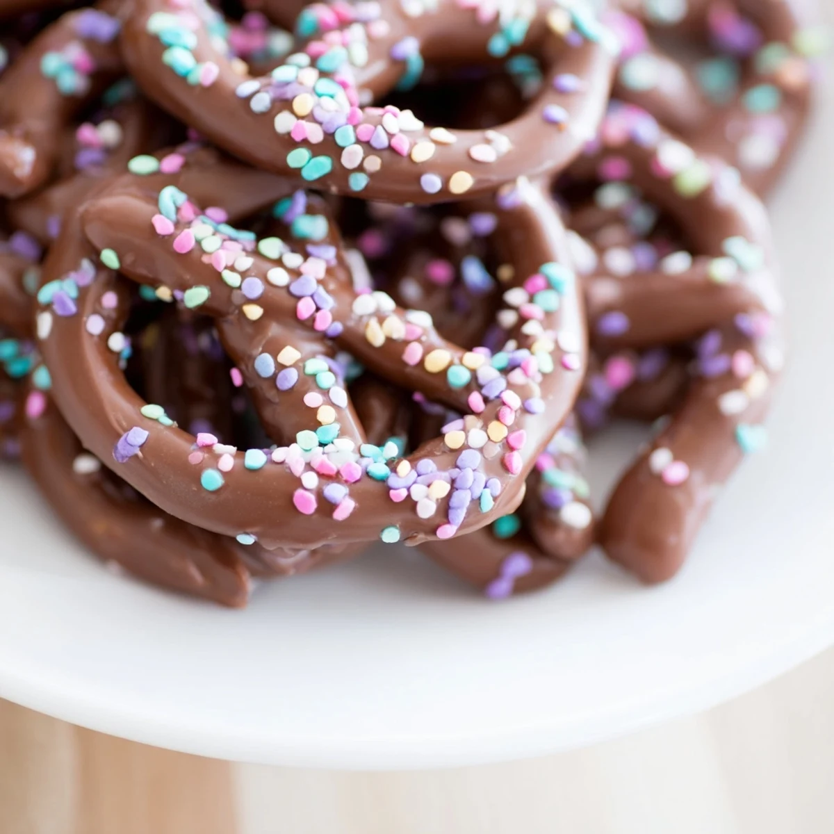 On a baking sheet, Chocolate Covered Pretzels with Pastel Sprinkles glisten with melted chocolate and bright candy colors.