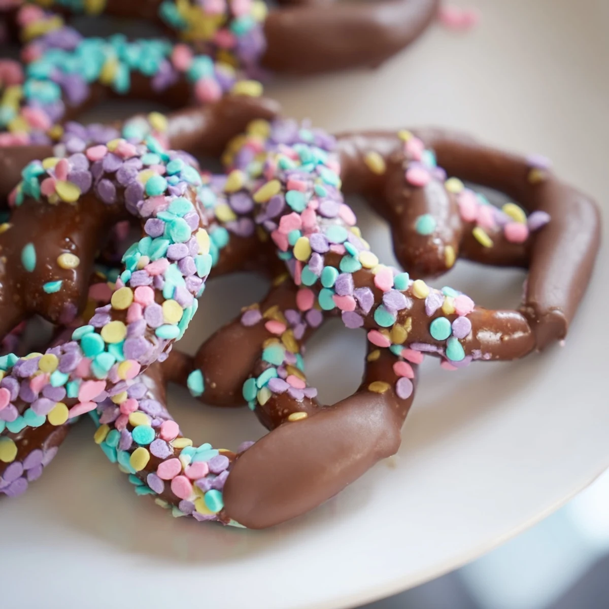 A close-up of Chocolate Covered Pretzels with Pastel Sprinkles showing crunchy, salted twists dipped in glossy chocolate.