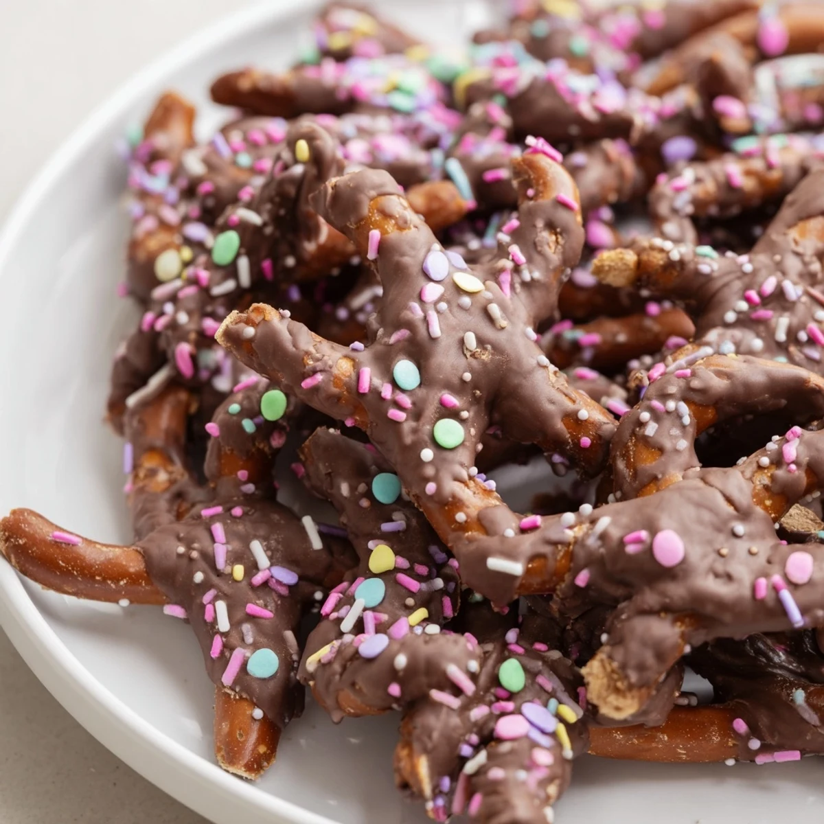 Served on a party platter, Chocolate Covered Pretzels with Pastel Sprinkles offer a sweet-and-salty snack for U.S. gatherings.
