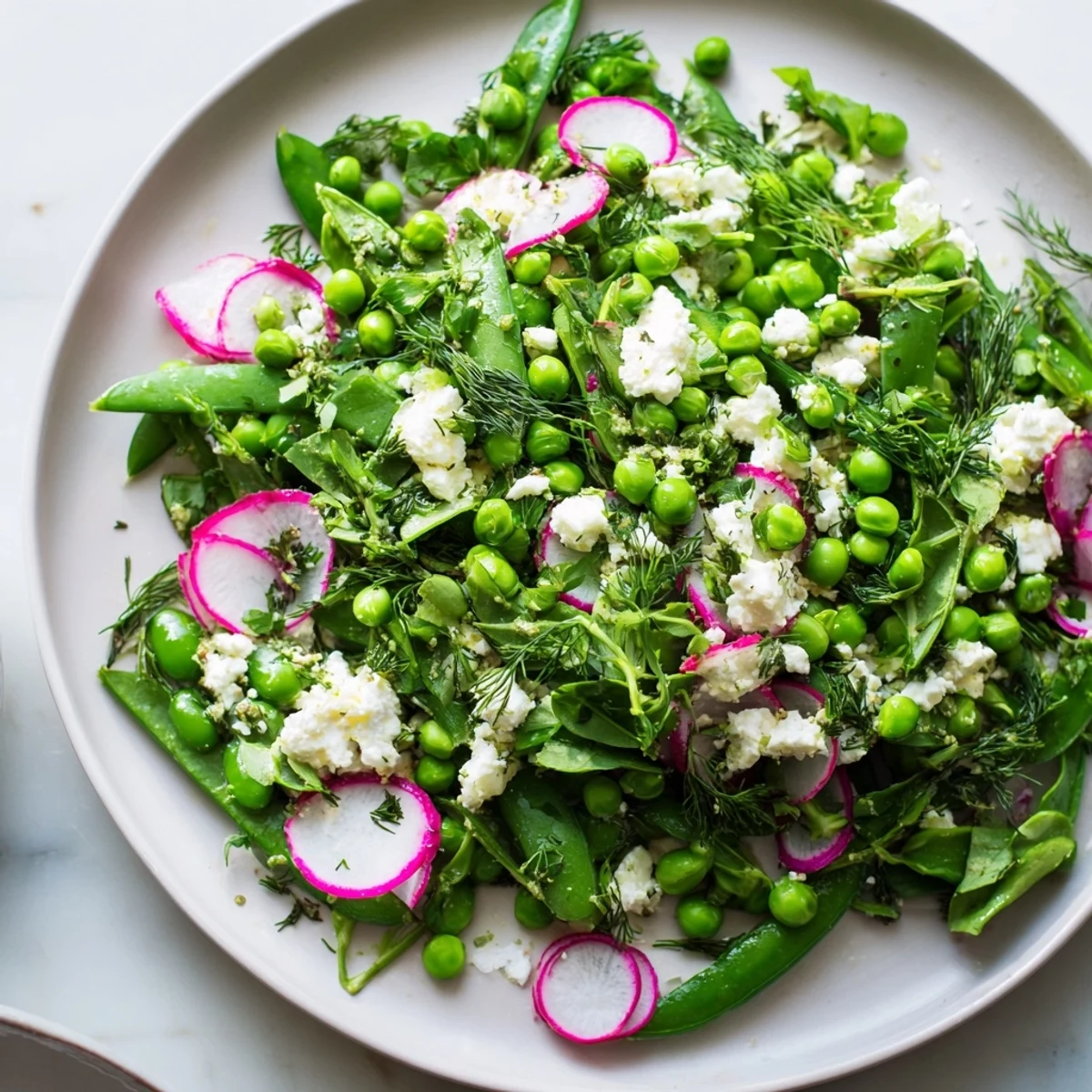 A close-up of Spring Pea Salad with Radishes and Feta, featuring bright green peas and crisp pink radish slices.