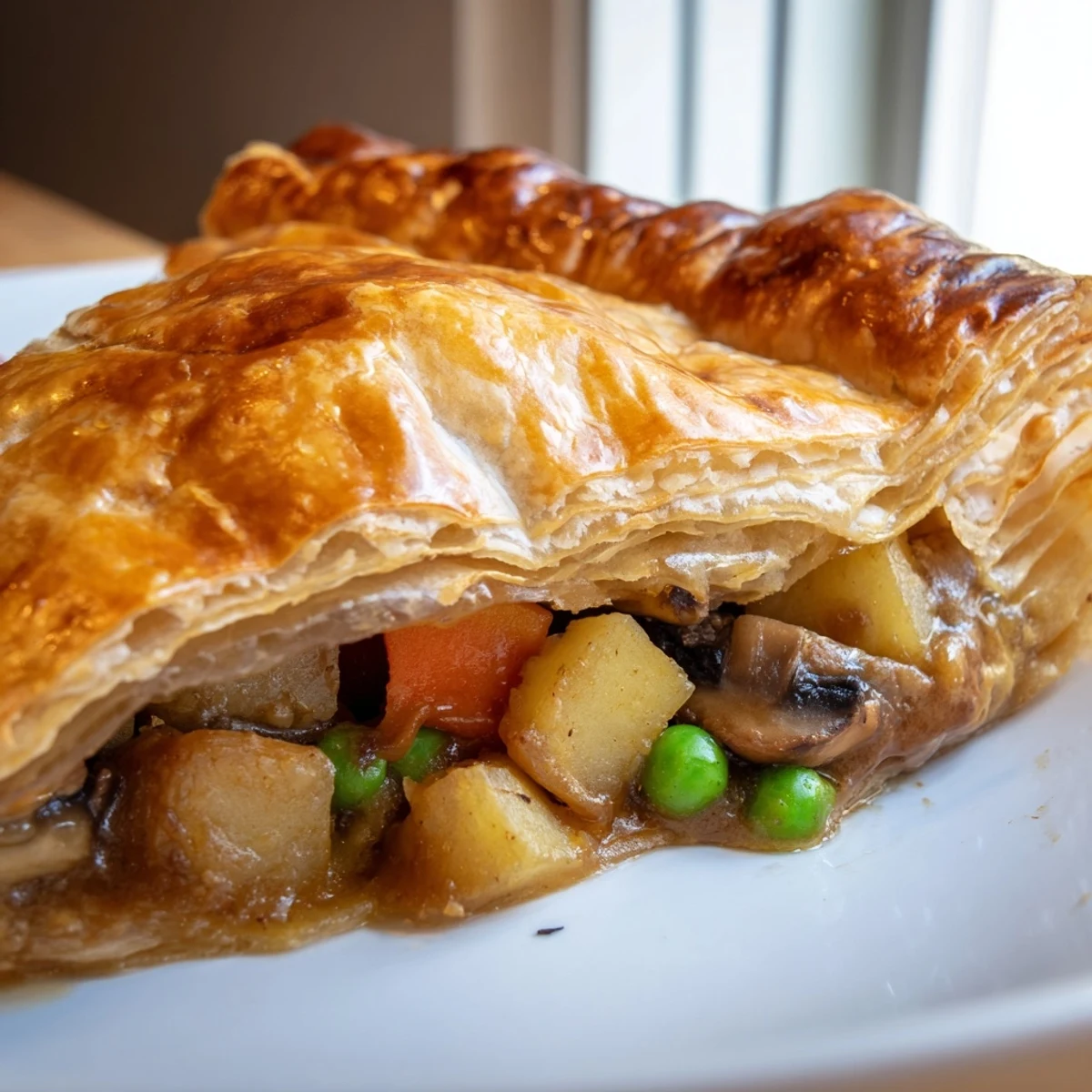 Golden, flaky puff pastry crust tops a steaming Beef Pot Pie filled with tender beef and vegetables.