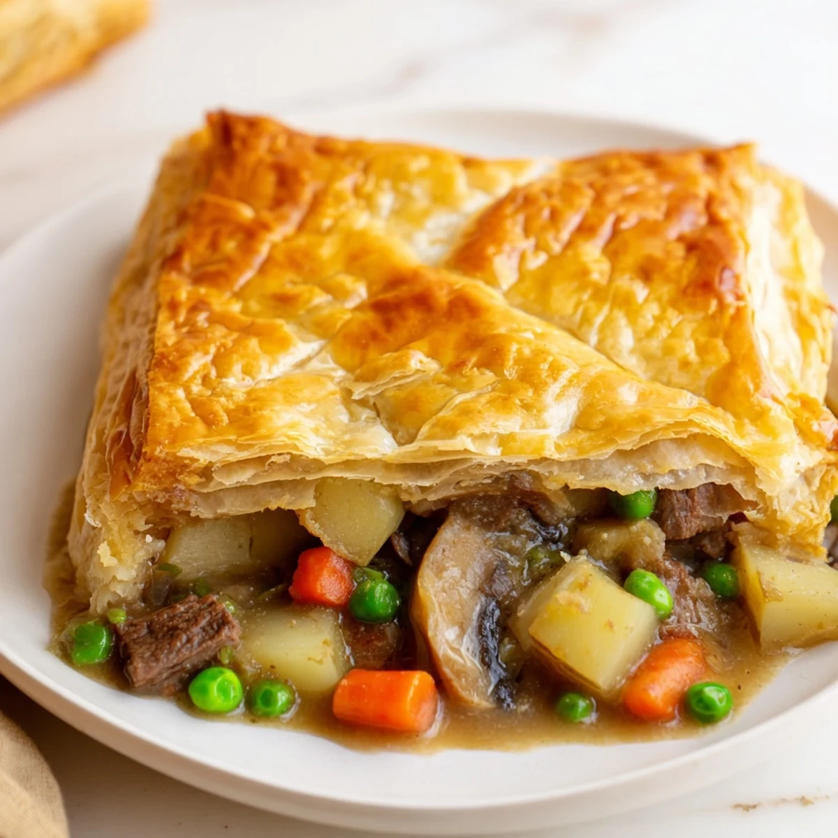 A serving of Beef Pot Pie with Puff Pastry Crust rests on a white plate, perfect for dinner.