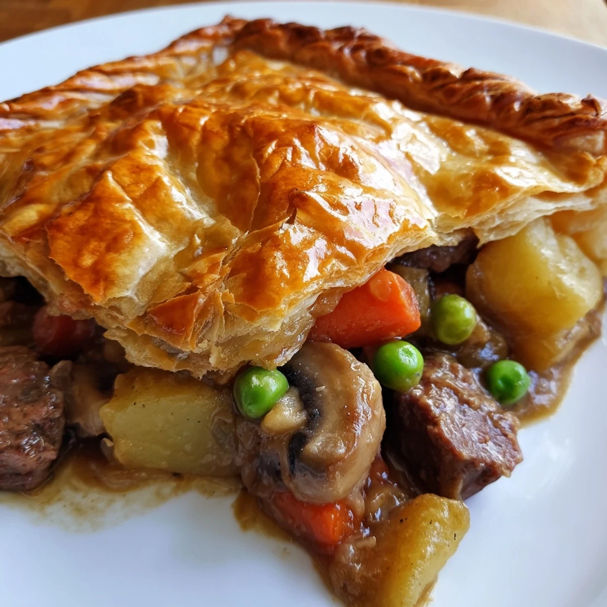 Fresh thyme garnishes the rich gravy of this Beef Pot Pie, served with a side salad in the background.