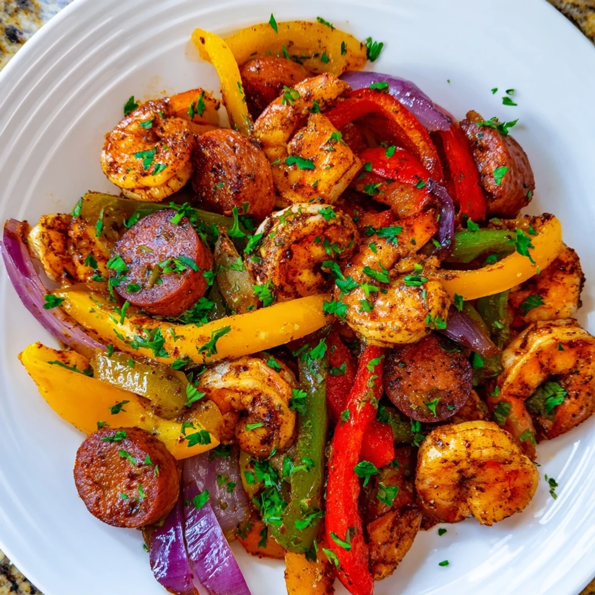 A close-up of the Cajun Shrimp and Sausage Skillet with vibrant peppers and juicy shrimp.