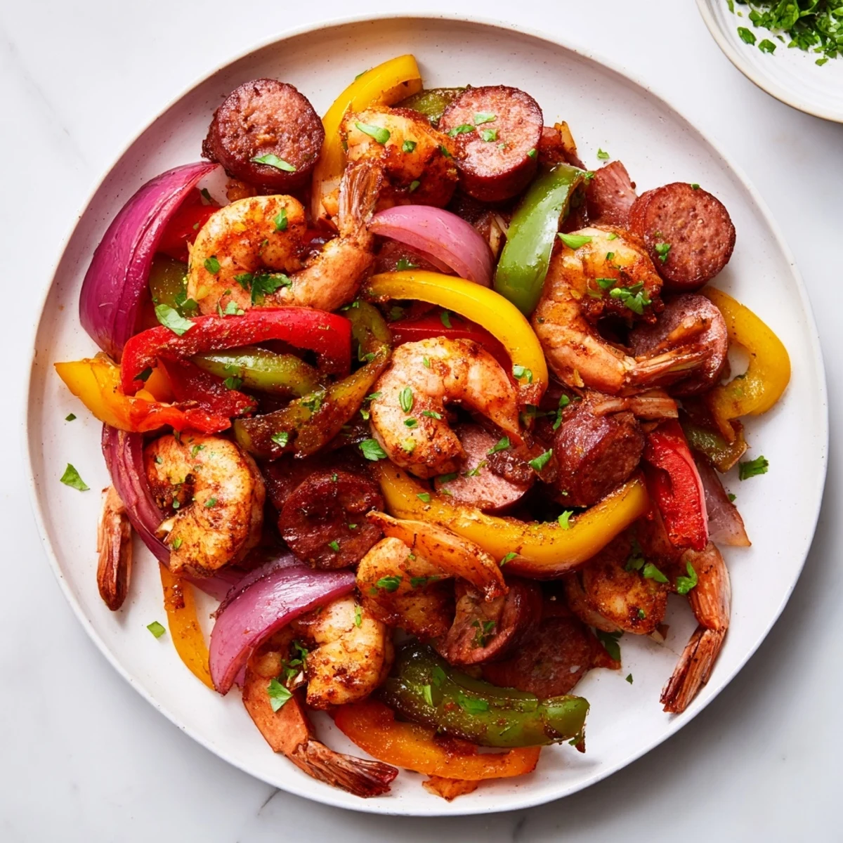Sizzling Cajun Shrimp and Sausage Skillet garnished with fresh parsley and lemon wedges on a table.