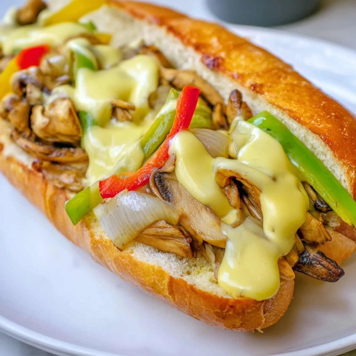 Golden-brown sautéed mushrooms, peppers, and onions fill a toasted hoagie roll, smothered with creamy vegan cheese sauce in this Vegan Philly Cheesesteaks recipe.  