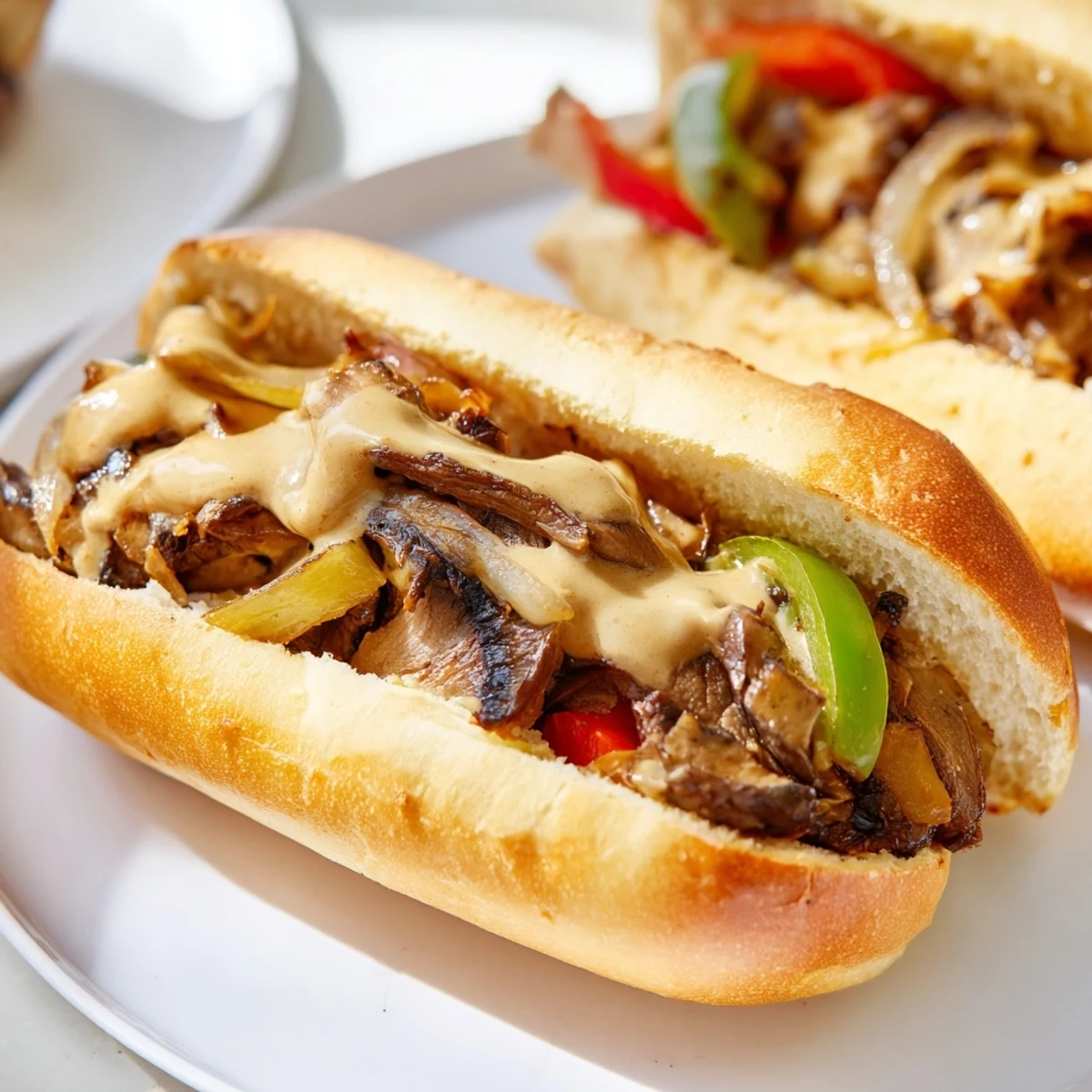 A close-up of a hearty Vegan Philly Cheesesteaks sandwich, showcasing vibrant red peppers and melted dairy-free cheese on a crusty roll.  