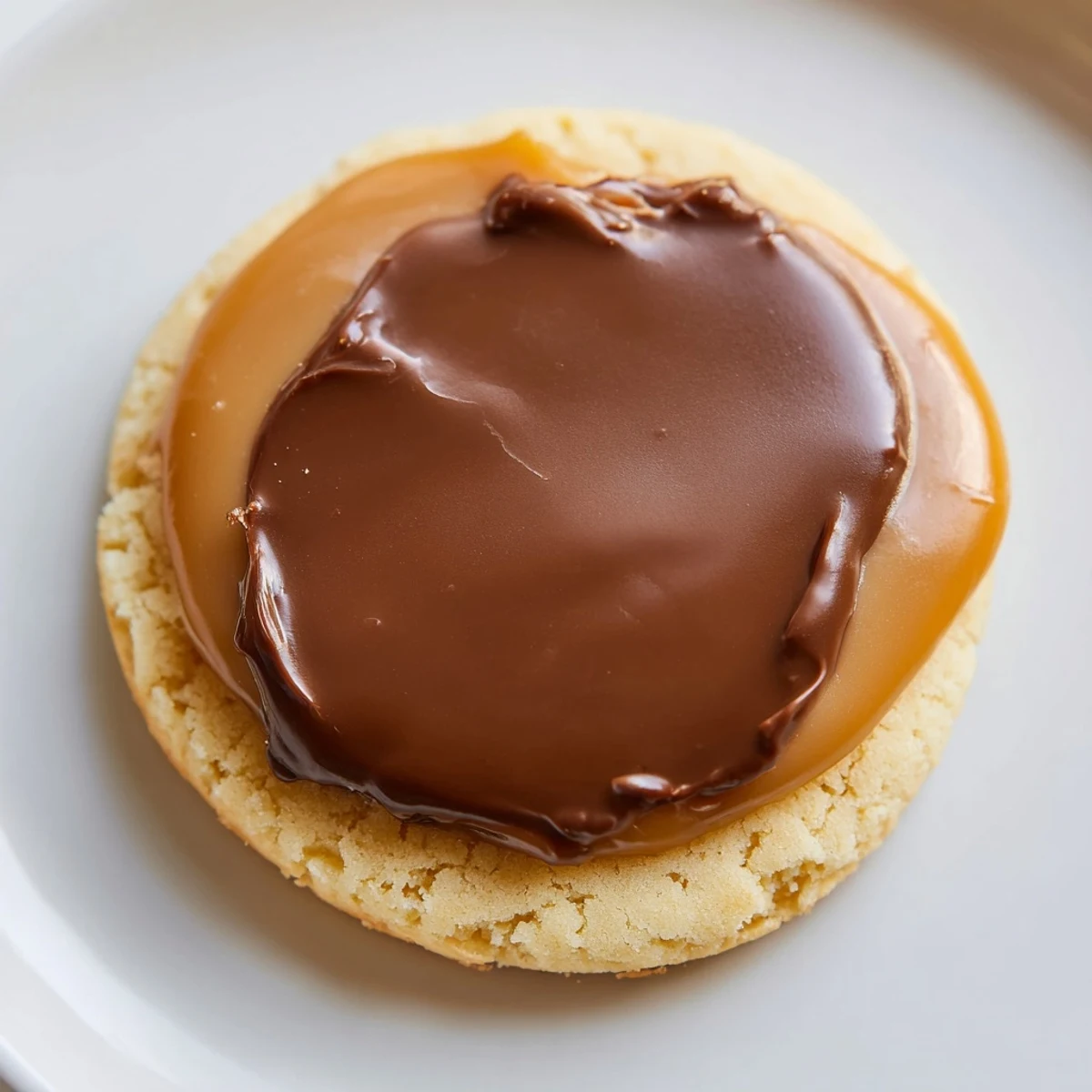 Close-up of Twix Cookies showing crumbly shortbread, rich caramel swirl, and a shiny chocolate drizzle. 