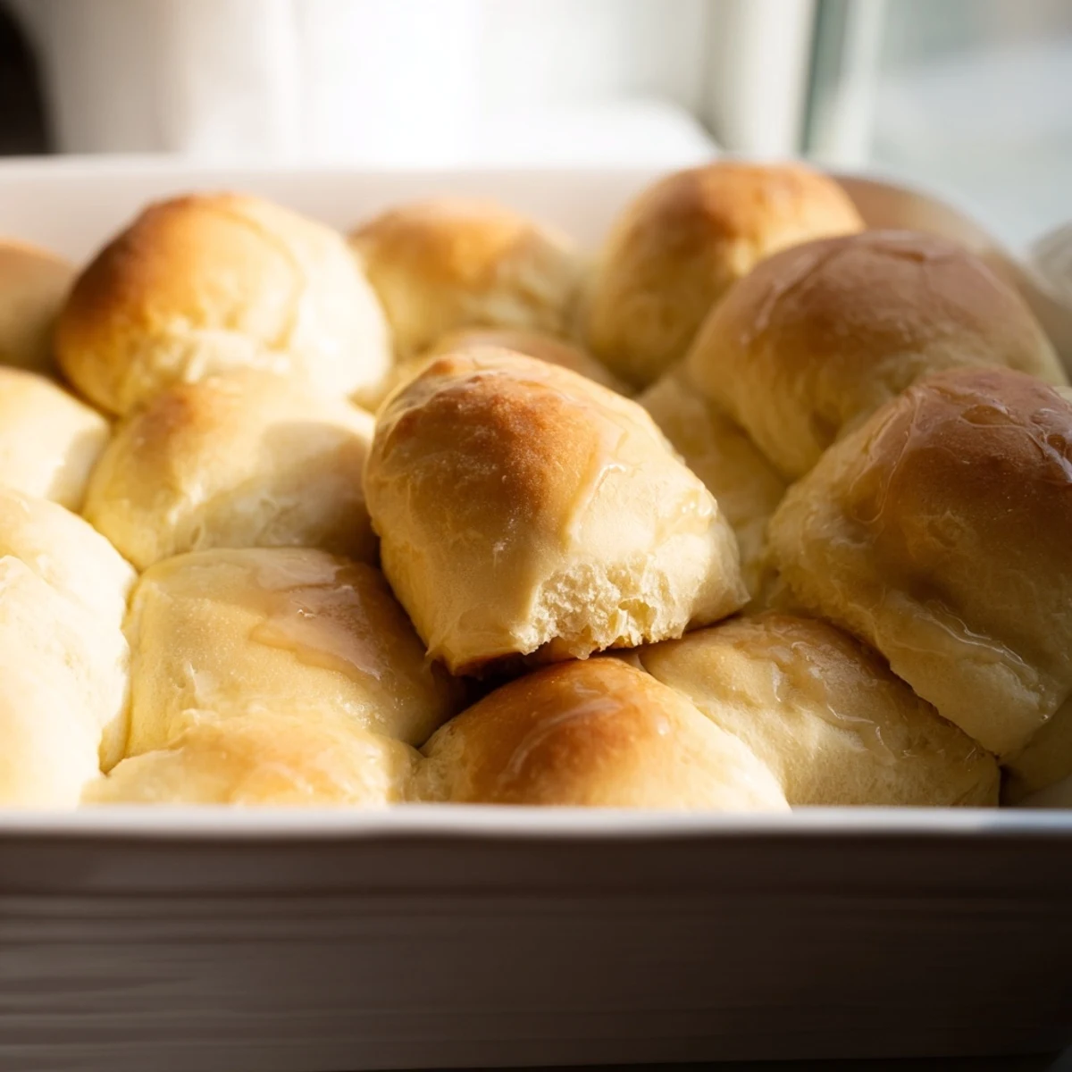 Warm, golden-brown Best Vegan Dinner Rolls fresh from the oven on a rustic table.