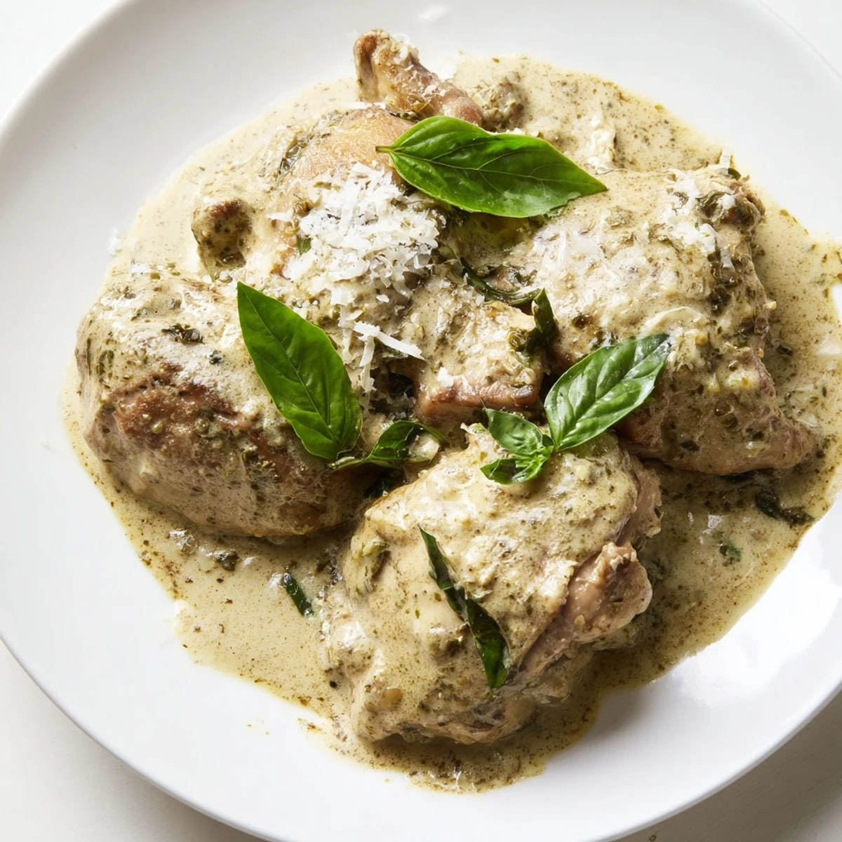 Golden, tender Pesto Ranch Crock Pot Chicken Thighs in a creamy green sauce, served over mashed potatoes.