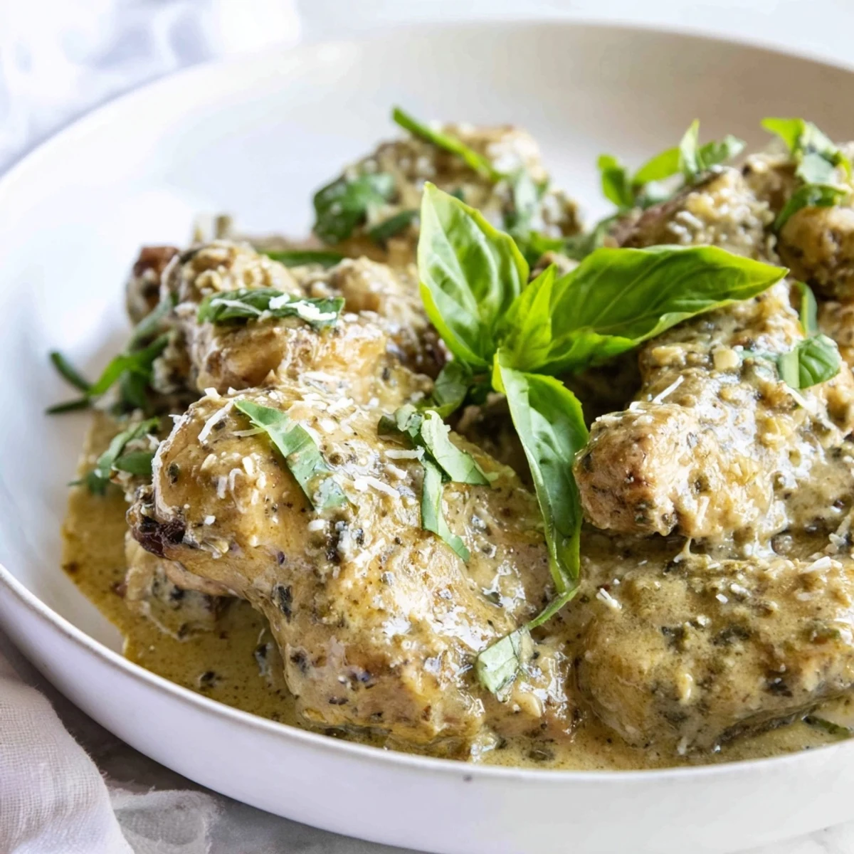 Slow-cooked Pesto Ranch Crock Pot Chicken Thighs in a rich, herby sauce, garnished with fresh basil.