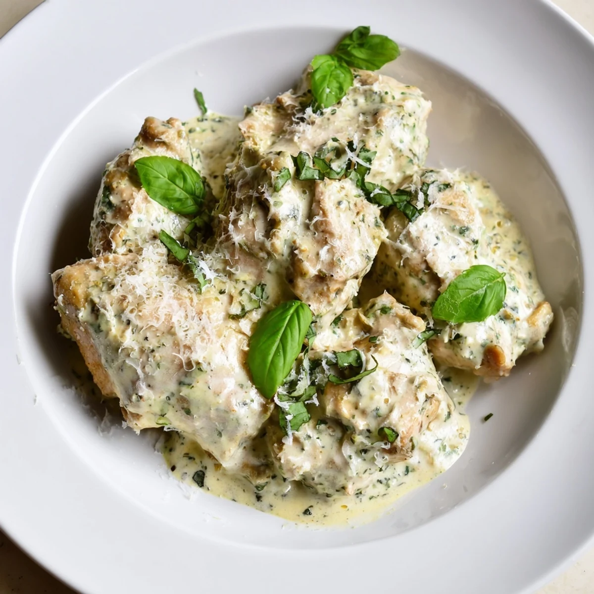 Succulent Pesto Ranch Crock Pot Chicken Thighs with a velvety sauce, plated alongside roasted vegetables.
