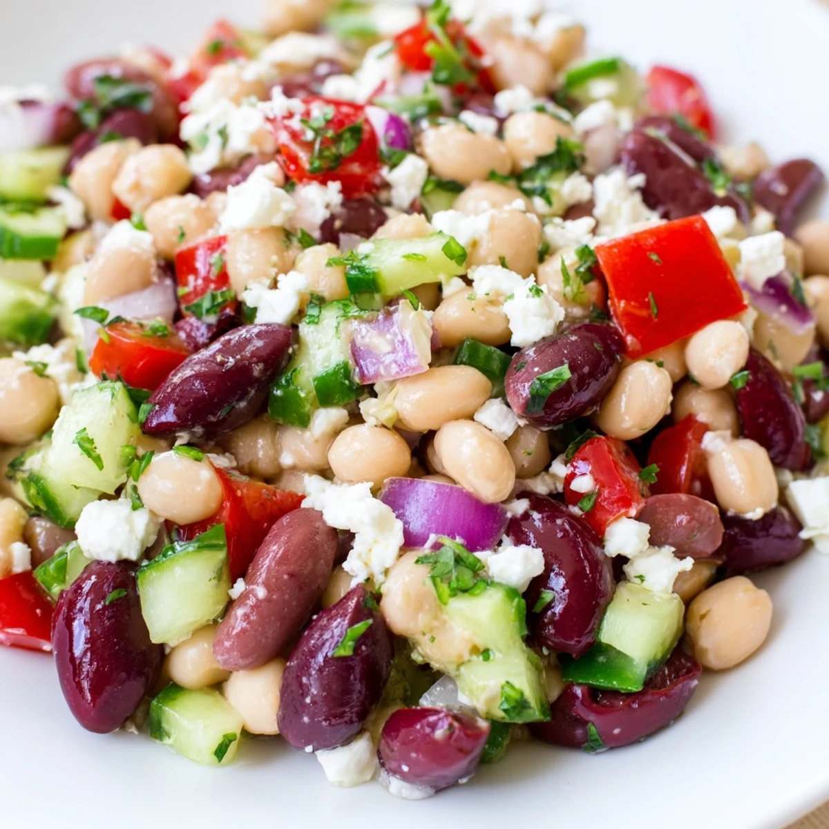 Overhead view of a Mediterranean Dense Bean Salad, showcasing a protein-packed mix of beans and fresh herbs in a rustic setting.