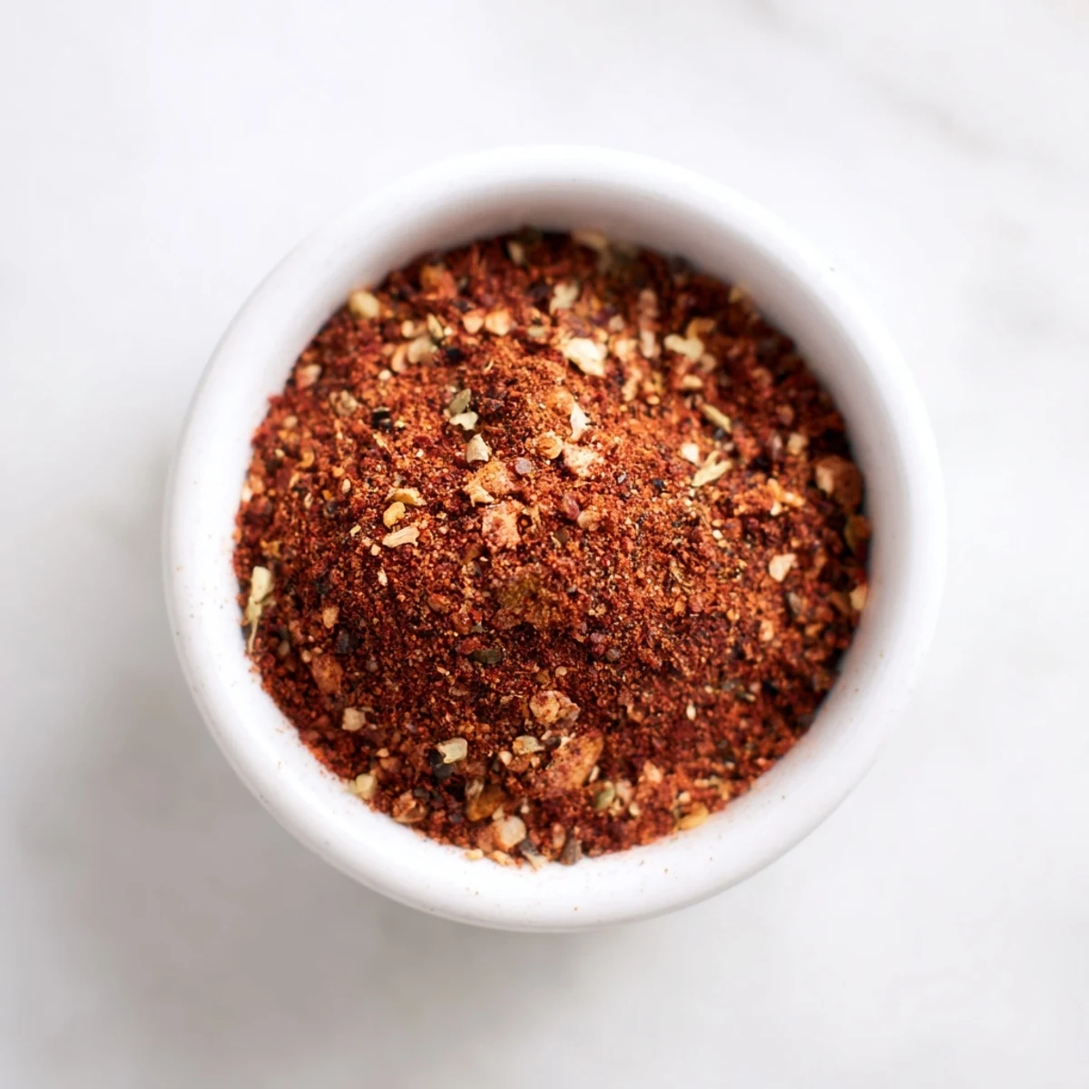 A jar of Easy Homemade Taco Seasoning Mix filled with aromatic spices and dried oregano on a wooden kitchen counter.
