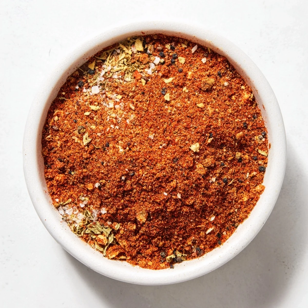 Close-up view of Easy Homemade Taco Seasoning Mix ingredients in a small white bowl ready for mixing.