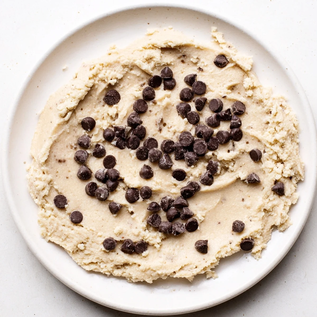 A close-up of Edible Keto Cookie Dough showing creamy texture and sugar-free chocolate chips in a mixing bowl.  