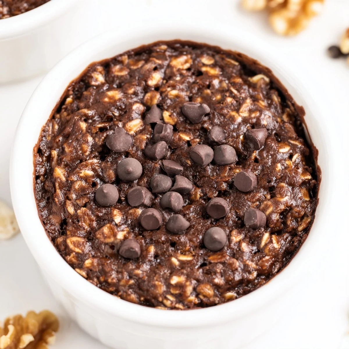 Warm Easy Chocolate Baked Oats with gooey chocolate chips, served in a ramekin with a spoon.  