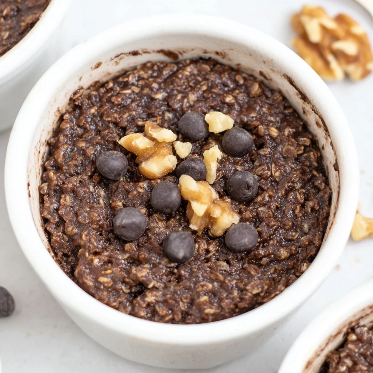 Easy Chocolate Baked Oats topped with banana slices and a dollop of whipped cream on a cozy breakfast table.  