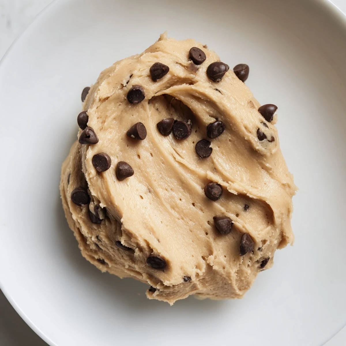 A spoonful of Chocolate Chip Greek Yogurt Cookie Dough shows creamy texture and chocolate chips in a small bowl.