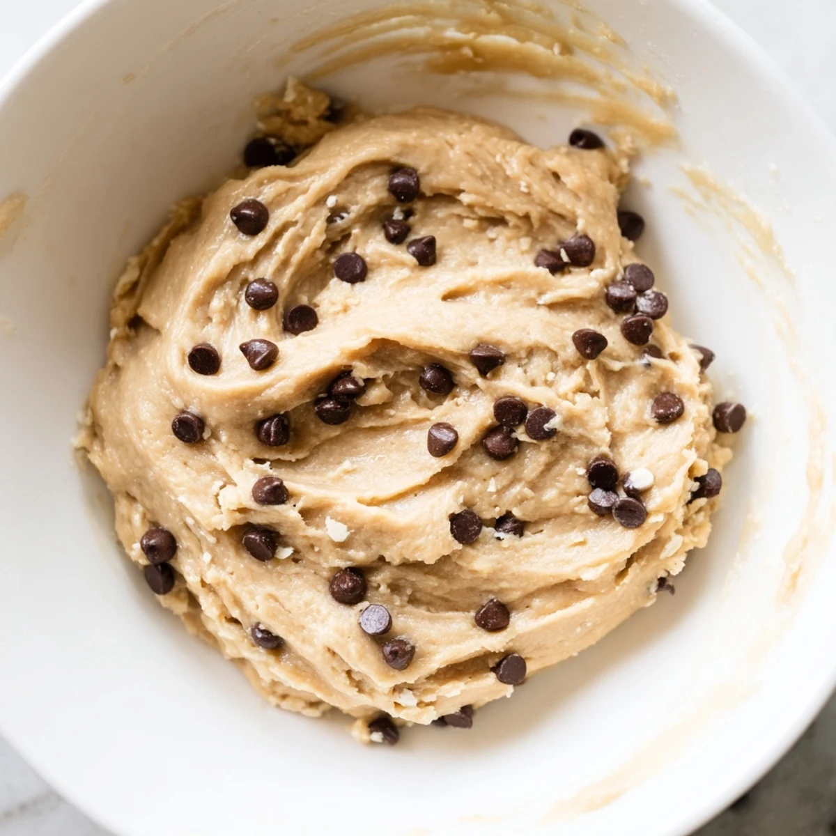 Chocolate Chip Greek Yogurt Cookie Dough with almond flour and mini chips, perfect for a healthy protein snack.
