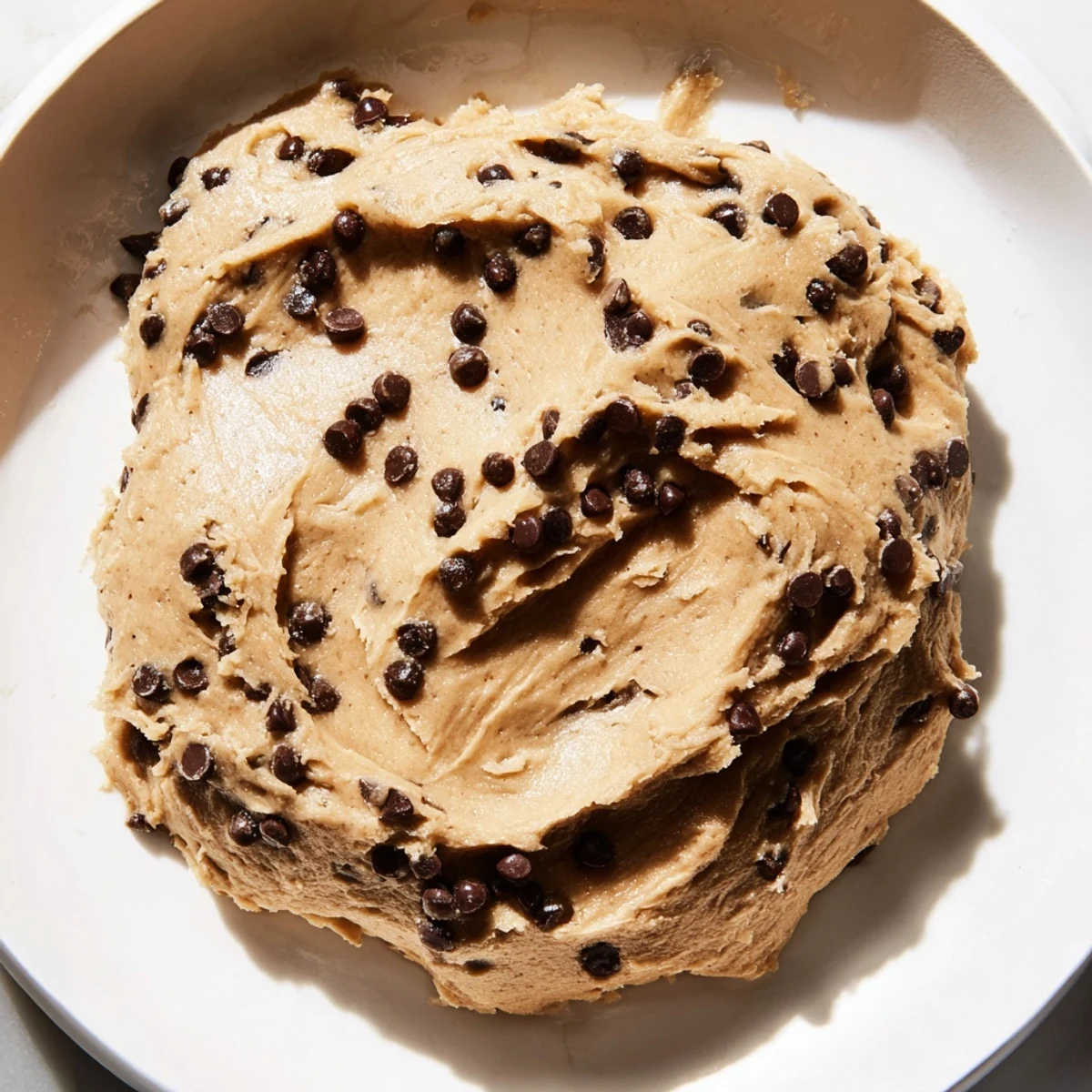 Close-up of edible Chocolate Chip Greek Yogurt Cookie Dough, ready to eat with a spoon and no baking needed.