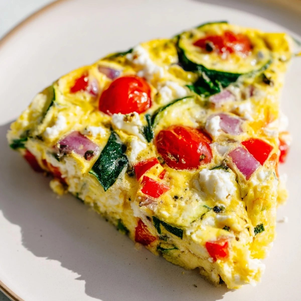A close-up of Veggie Air Fryer Frittata with fluffy eggs and vibrant red peppers and spinach on a white plate.