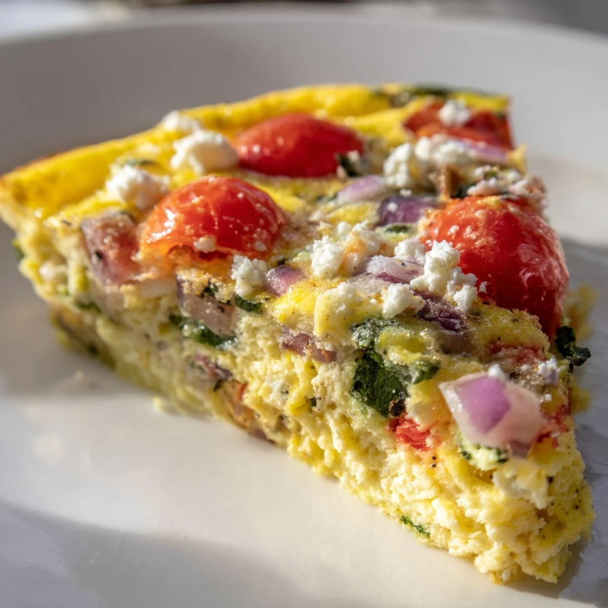 Slices of golden Veggie Air Fryer Frittata are plated next to a fresh green salad for a wholesome vegetarian breakfast.