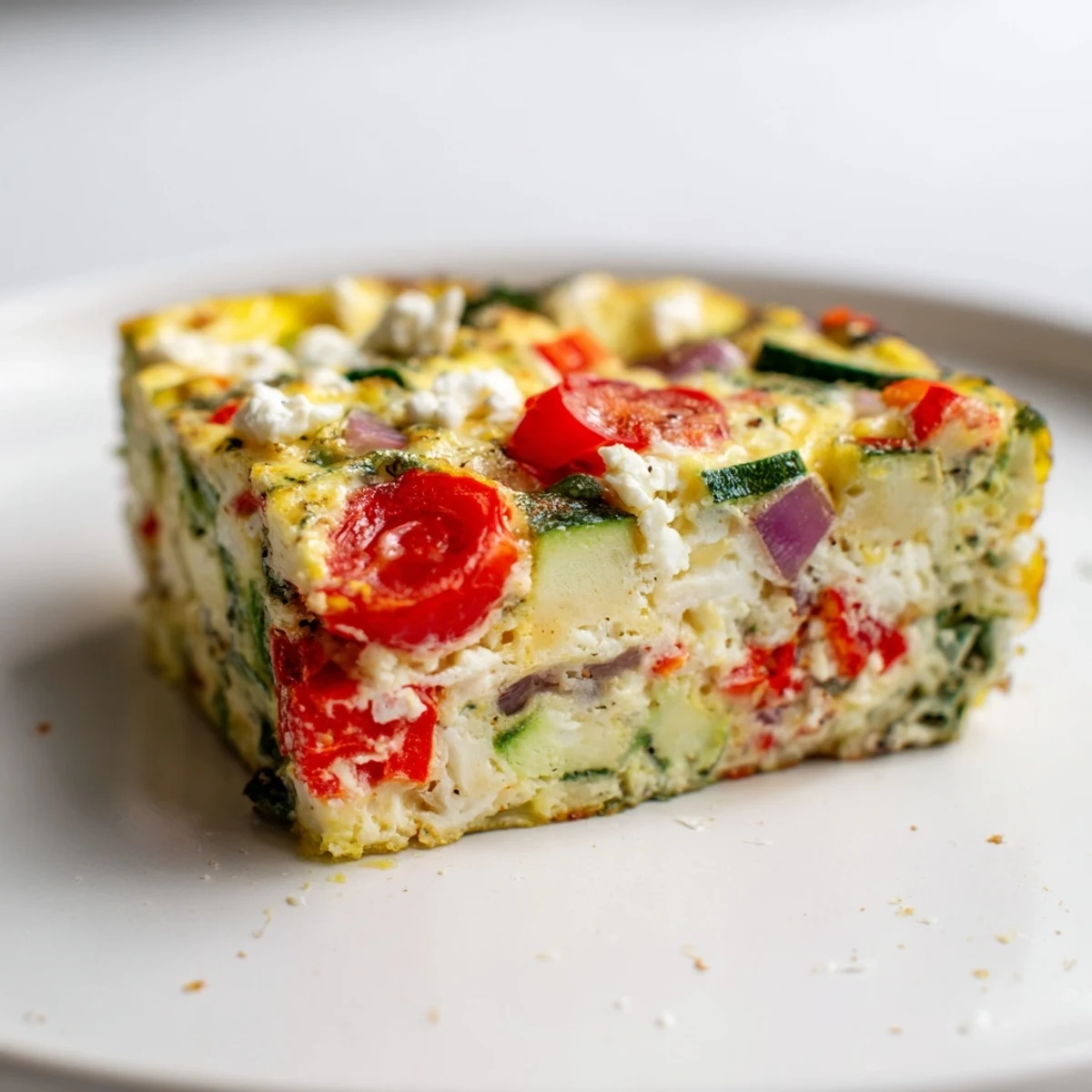 Freshly cooked Veggie Air Fryer Frittata with melted cheese and colorful veggies sits in a round pan ready to serve.