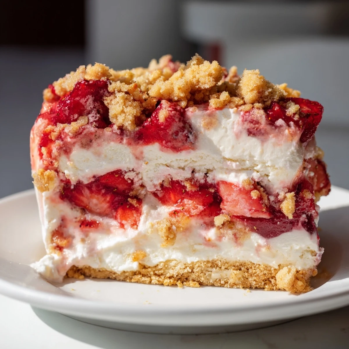 Perfectly layered Easy Strawberry Shortcake Ice Cream Cake with creamy vanilla ice cream and fresh berry slices.