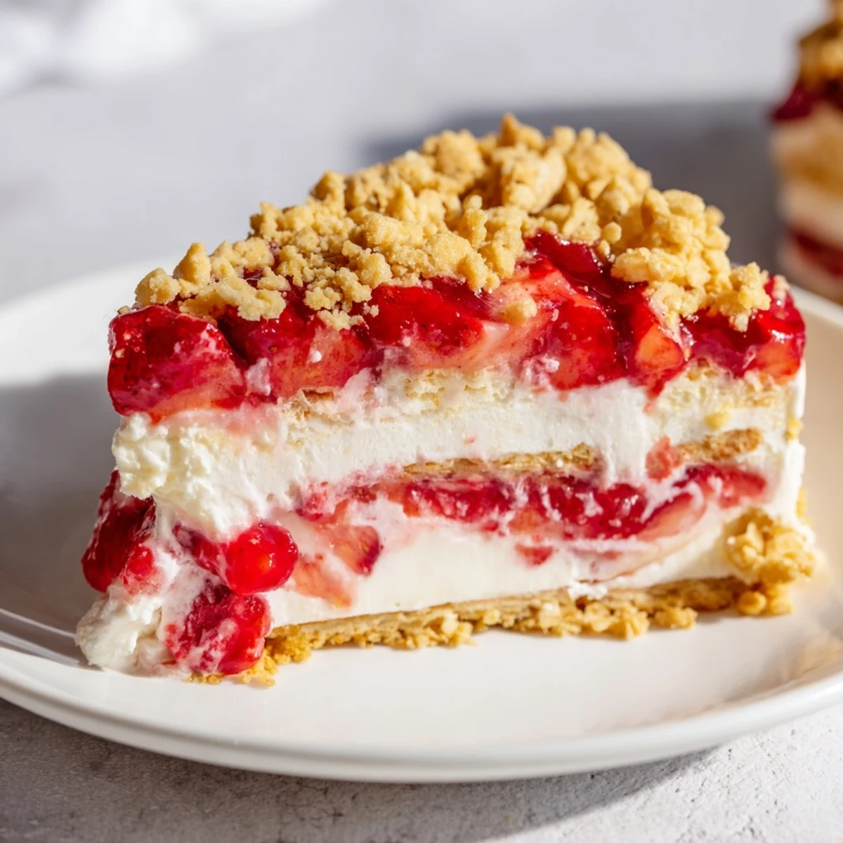 Sliced wedge of Easy Strawberry Shortcake Ice Cream Cake on a plate, garnished with strawberries for summer.