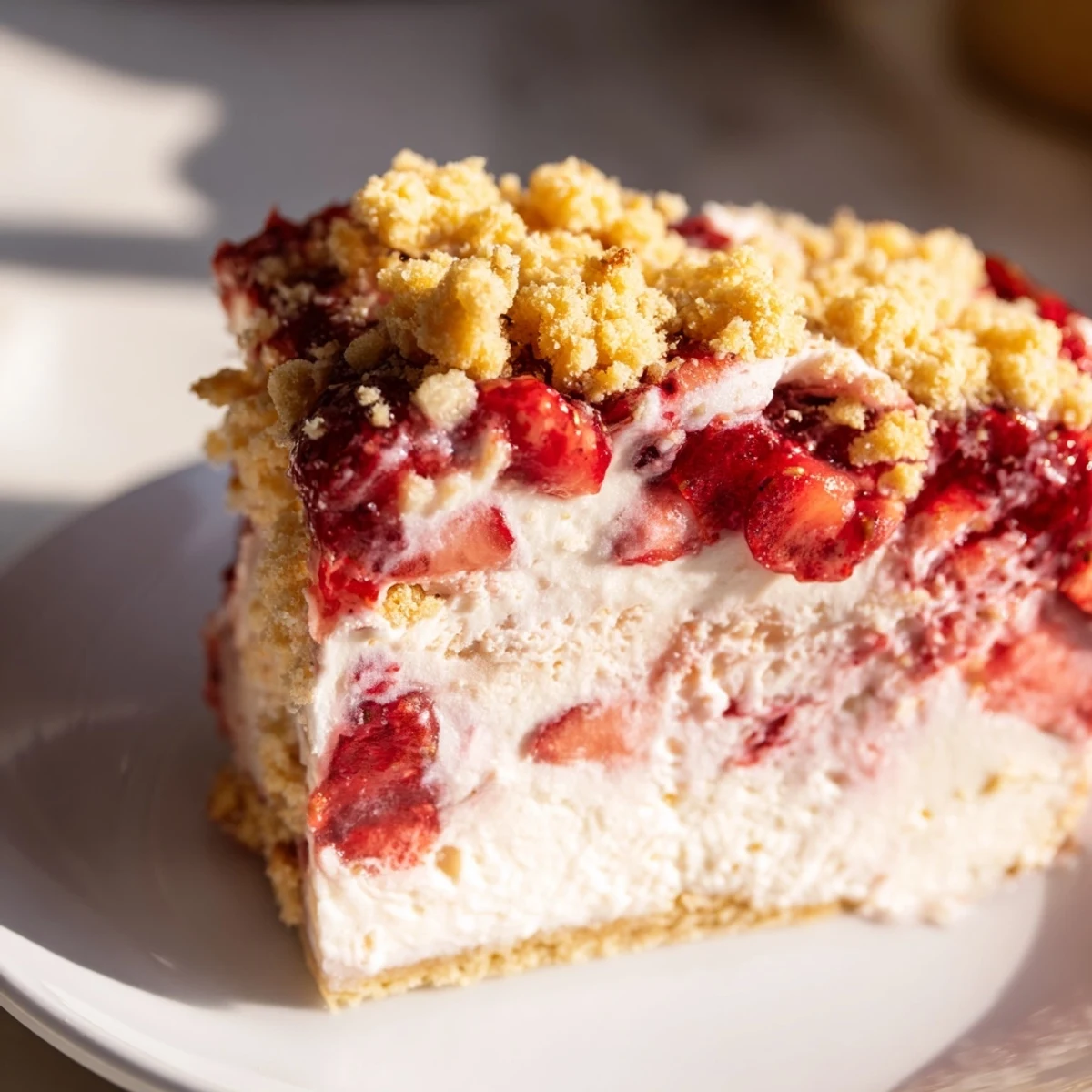 Refreshing no-bake Easy Strawberry Shortcake Ice Cream Cake topped with golden shortcake crumble and whipped cream.