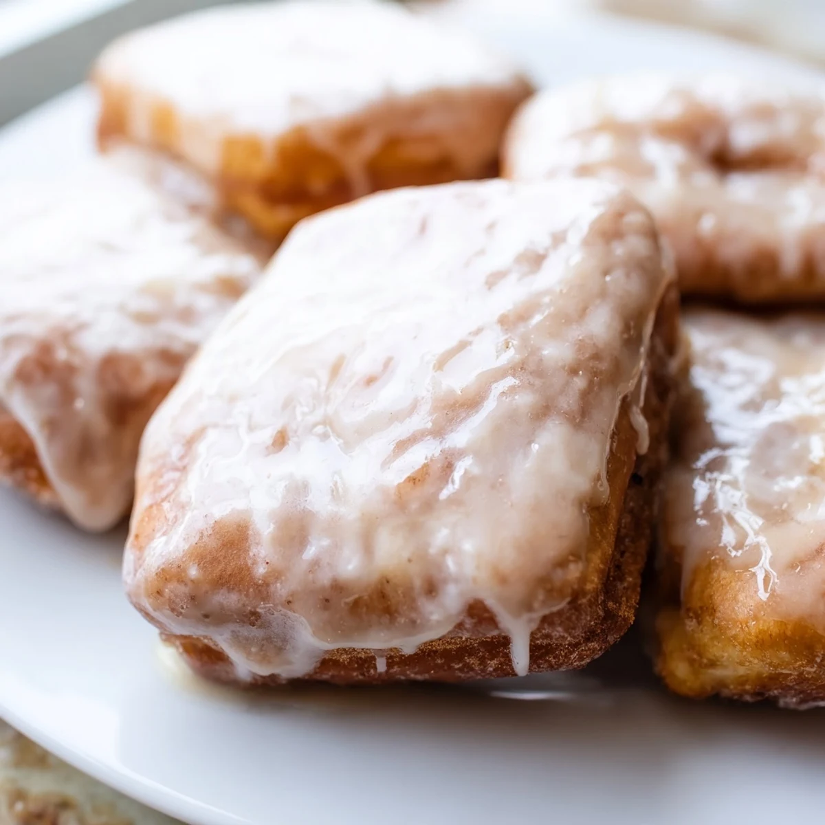 A stack of soft, pillowy Maple Donut Bars on a rustic wooden board, perfect for a cozy breakfast treat.