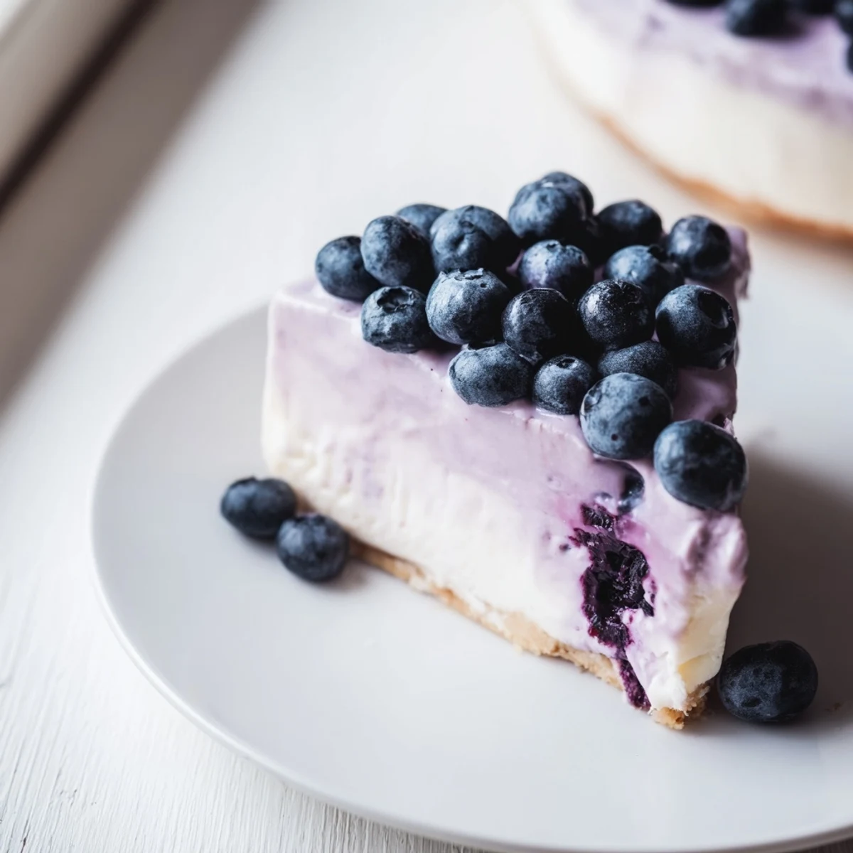A close-up of Blueberry Mousse Cheesecake topped with whipped mousse and vibrant fresh blueberries.