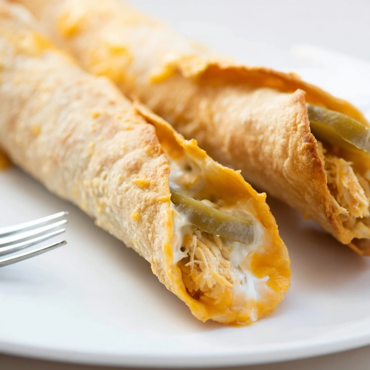 A platter of crunchy Dill Pickle Ranch Chicken Taquitos, garnished with green onions and perfect for a party appetizer.