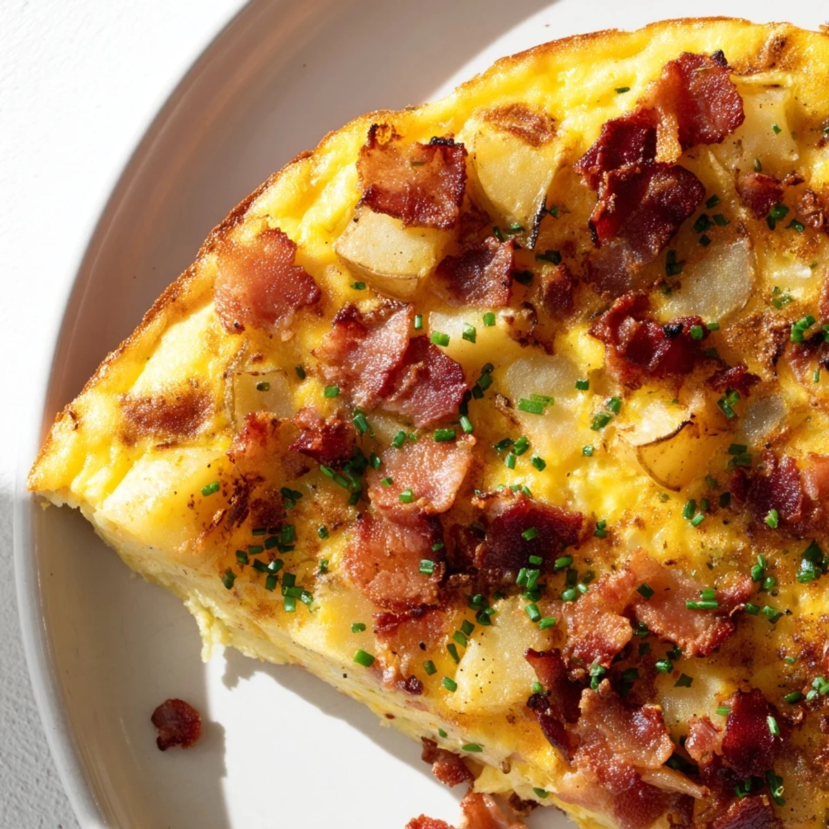 Freshly baked Bacon Potato Frittata from a cast-iron skillet, featuring crispy bacon crumbles and melted Gruyère cheese.