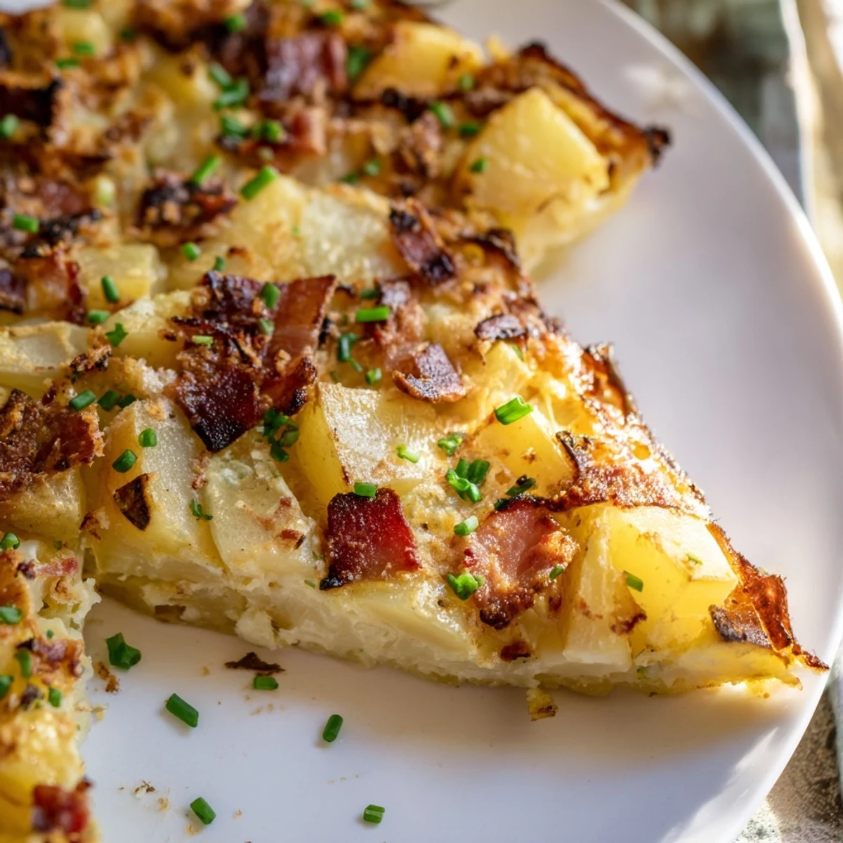 A close-up of the savory Bacon Potato Frittata with golden potatoes and a fluffy egg texture, ready to slice.