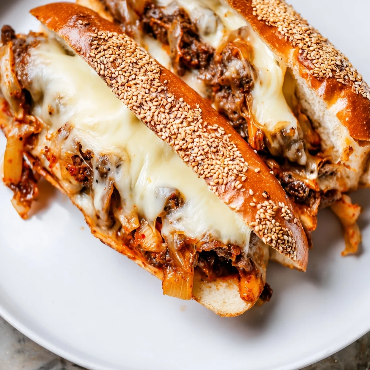 Golden-brown toasted hoagie rolls stuffed with sizzling bulgogi beef, spicy kimchi, and melted provolone cheese in the Irresistible Korean Kimchi Bulgogi Cheesesteak.