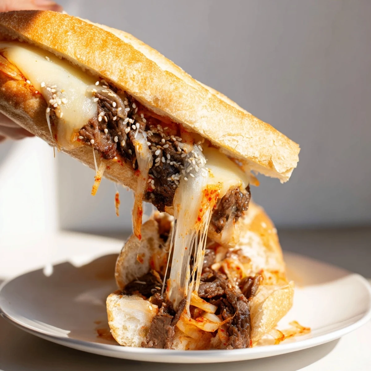 A close-up of the Irresistible Korean Kimchi Bulgogi Cheesesteak revealing juicy meat, crunchy vegetables, and gooey cheese on a toasted French roll.
