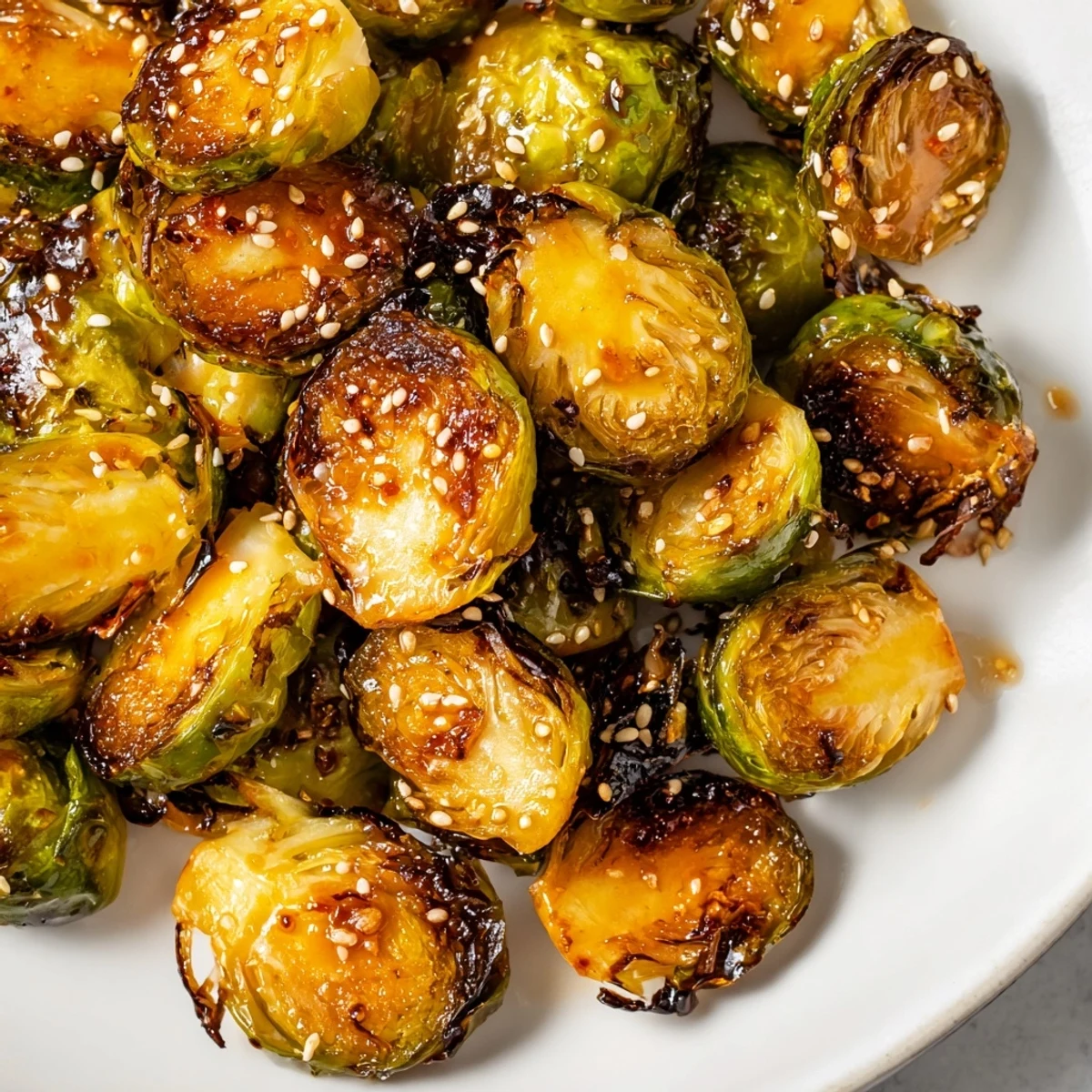 A close-up view of Honey Sriracha Brussels Sprouts served warm, topped with sesame seeds for an appetizer or side.