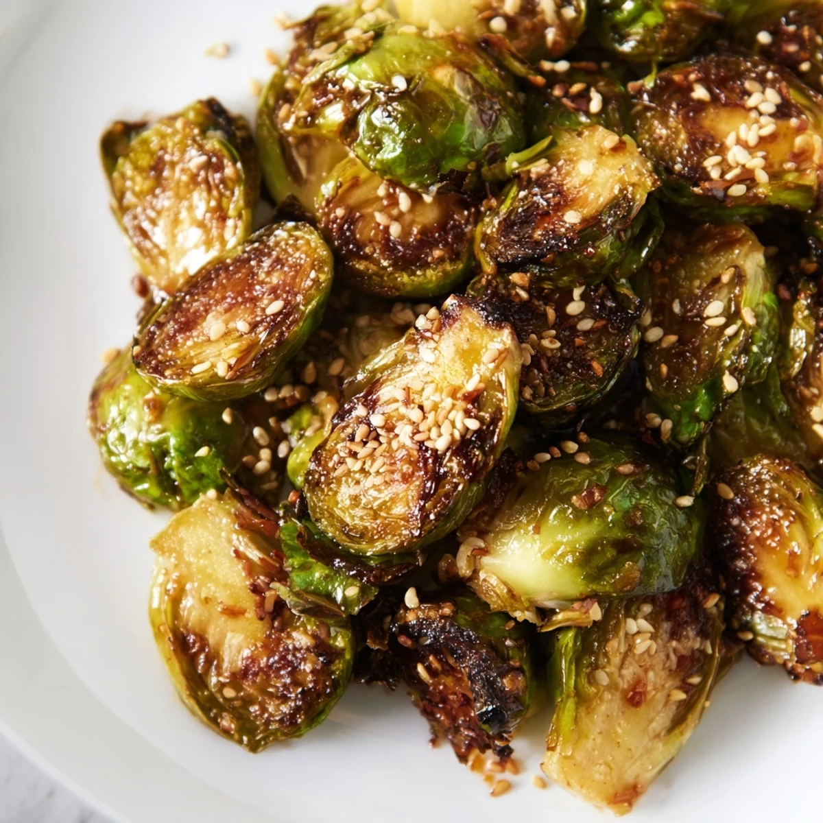 Crispy roasted Honey Sriracha Brussels Sprouts glazed in a glossy sweet-spicy sauce and garnished with fresh cilantro.