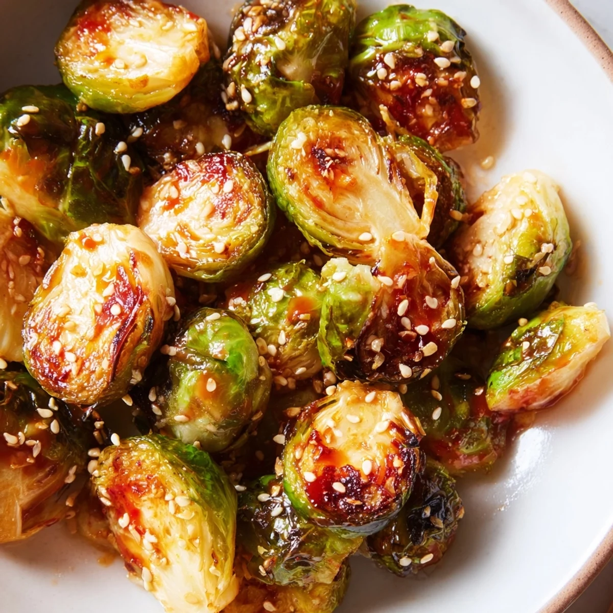 These Honey Sriracha Brussels Sprouts have caramelized edges and a sticky glaze, perfect alongside grilled chicken or rice.