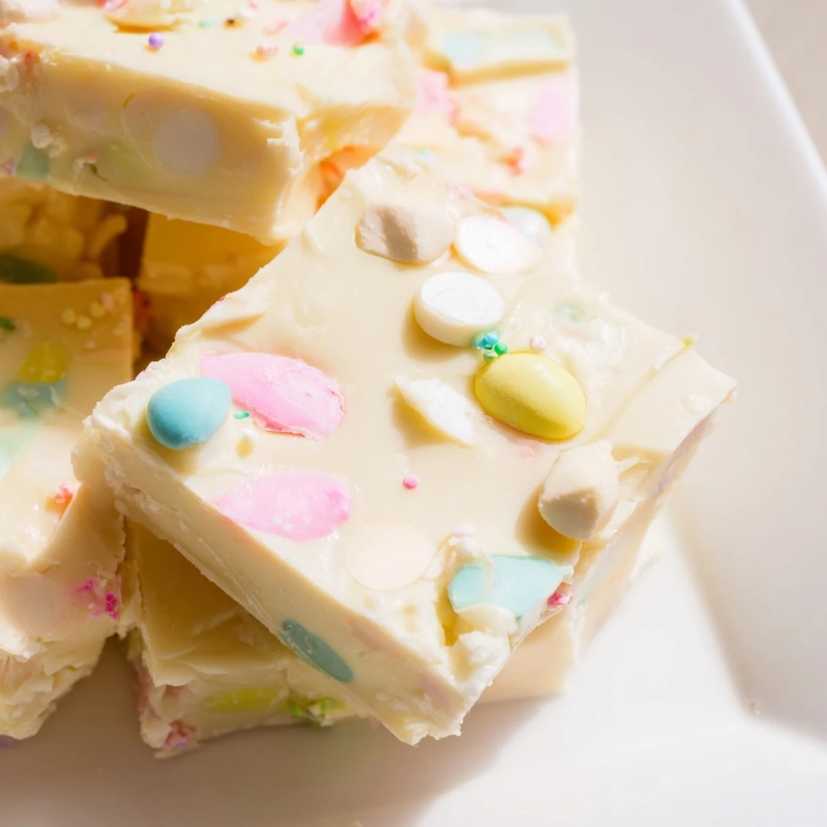Creamy homemade Easter Fudge studded with pastel candy eggs and sprinkles, cut into squares on a spring platter.