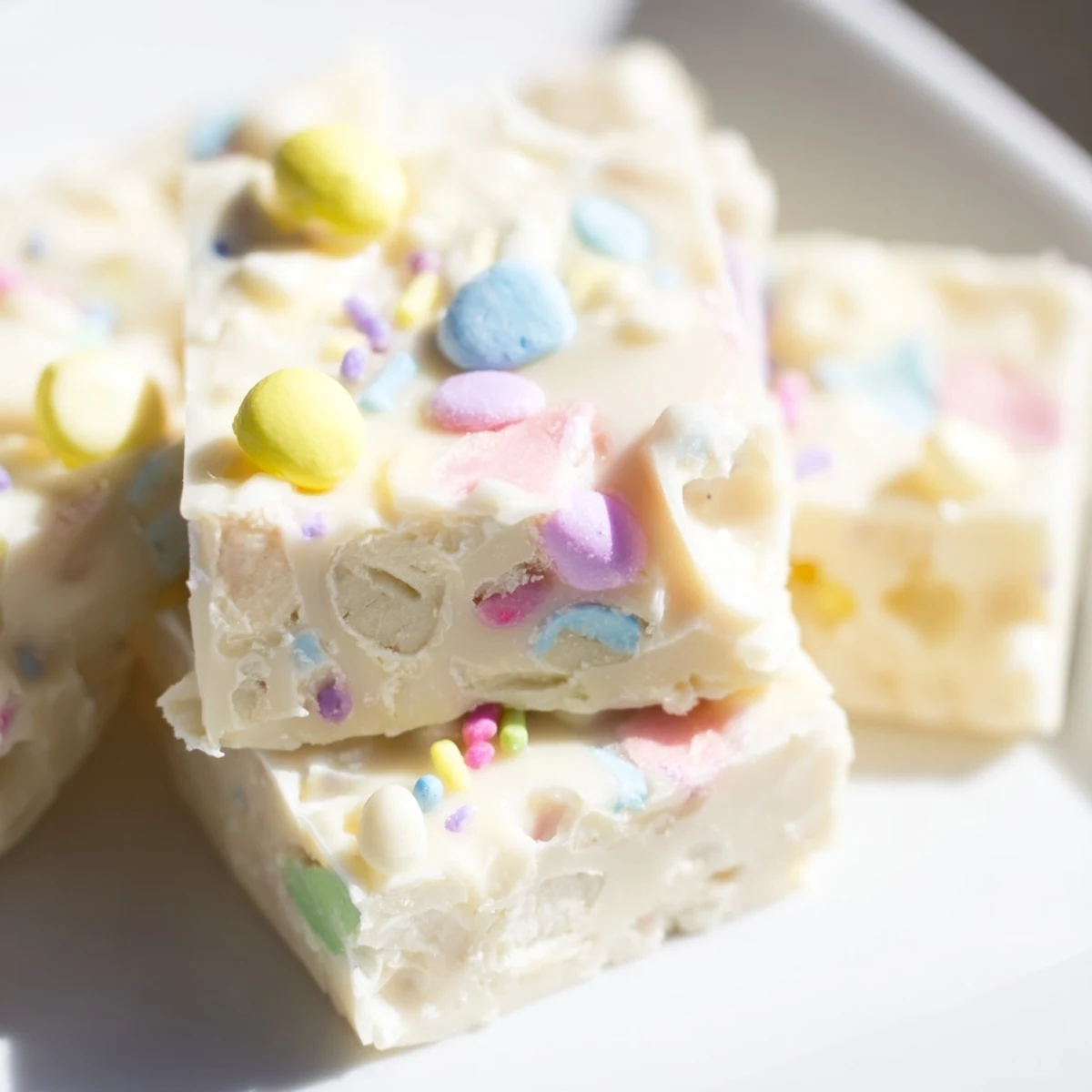 Close-up of rich Easter Fudge with pastel candies and smooth texture, ideal for Easter basket treats and celebrations.