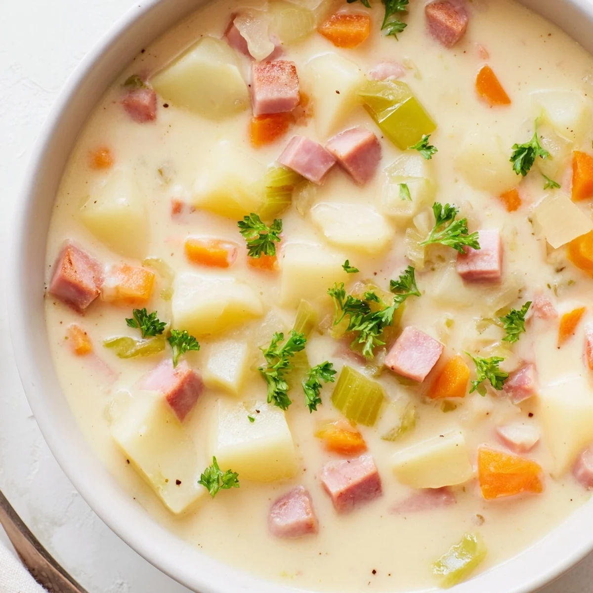 A bowl of Light Ham & Potato Chowder garnished with fresh parsley, featuring tender potatoes and diced ham in a creamy broth.