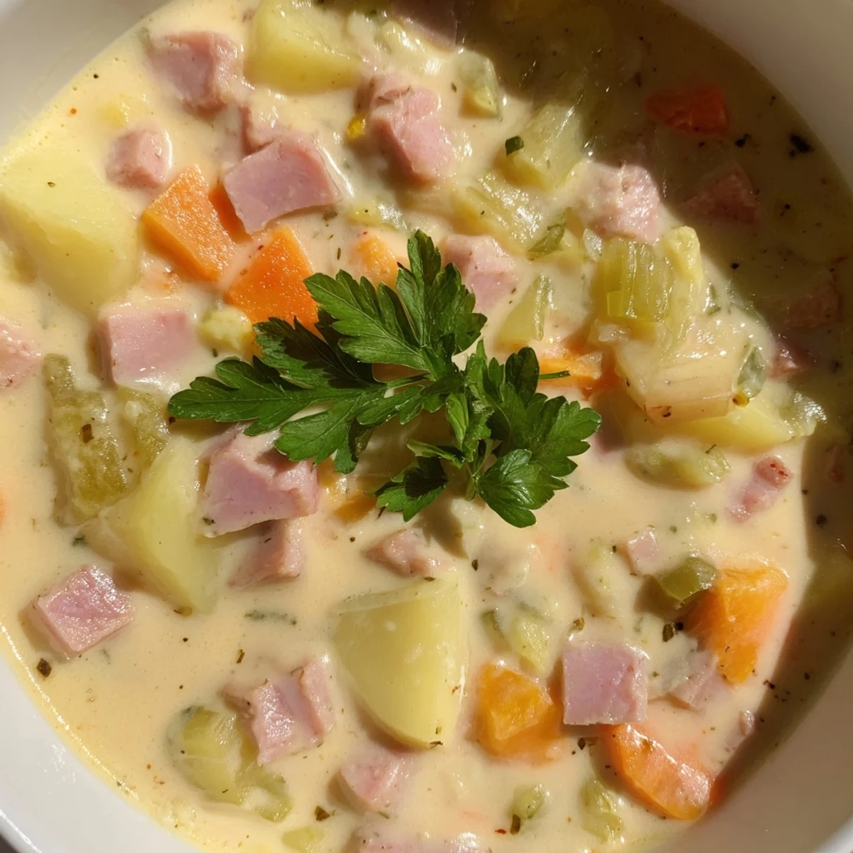 Close-up of Light Ham & Potato Chowder in a white bowl, showing velvety texture with carrots and celery visible.